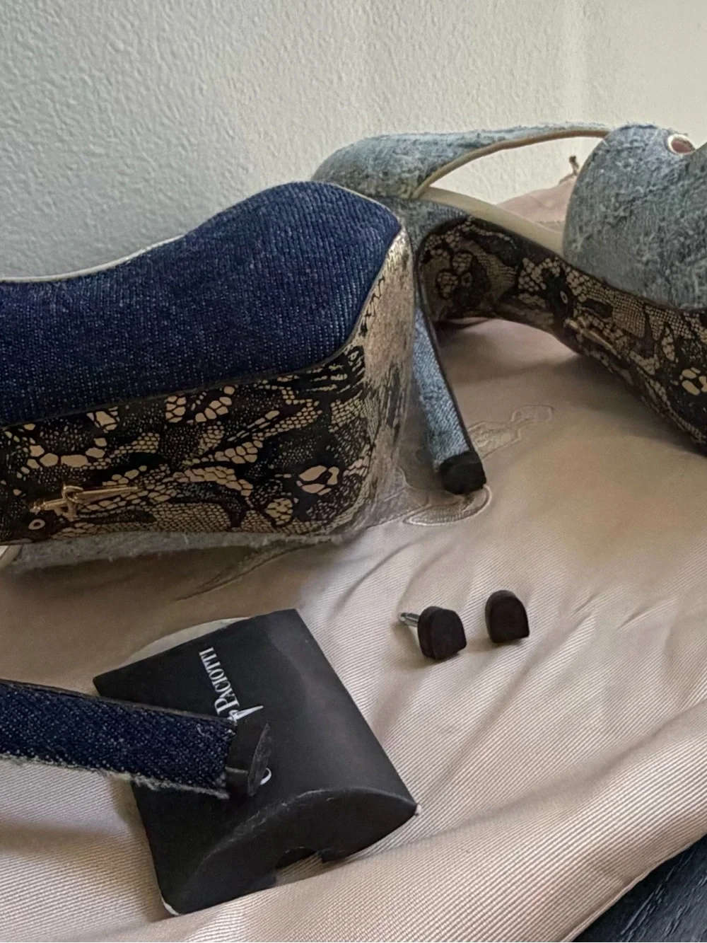 Cesare Paciotti Denim & Lace Platform Heels Size 38